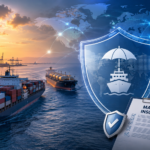 Illustration showing cargo ships and an oil tanker sailing through a strategic maritime corridor with a digital shield, global network map and port cranes, representing India's maritime insurance initiative and energy security.