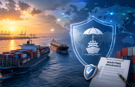 Illustration showing cargo ships and an oil tanker sailing through a strategic maritime corridor with a digital shield, global network map and port cranes, representing India's maritime insurance initiative and energy security.