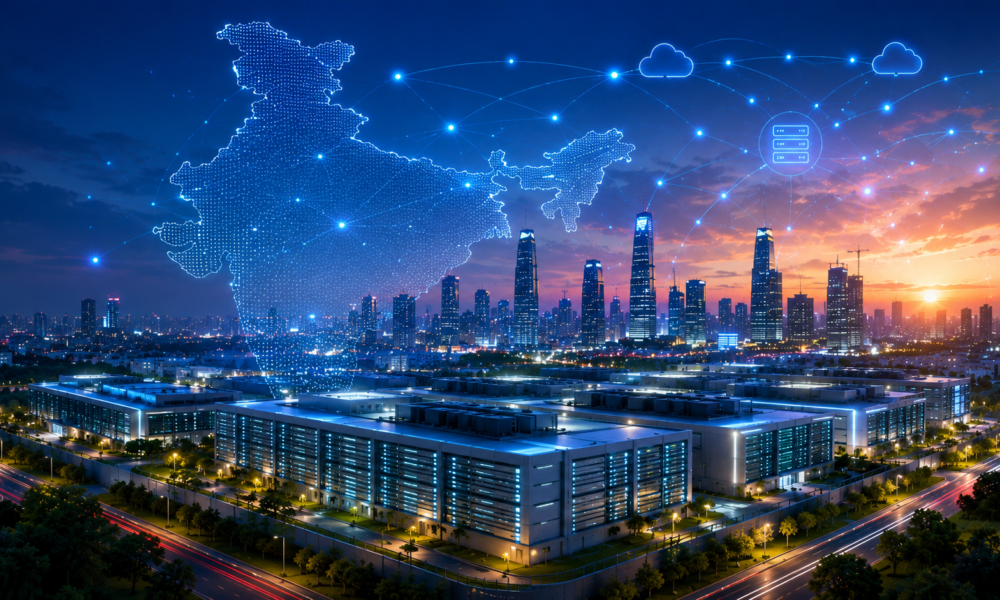 A futuristic illustration featuring a stylized data center complex with glowing blue server towers, a rising upward trend arrow overlaid with an Indian Rupee symbol, and a silhouette of the Taj Mahal against a digital map of India