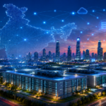 A futuristic illustration featuring a stylized data center complex with glowing blue server towers, a rising upward trend arrow overlaid with an Indian Rupee symbol, and a silhouette of the Taj Mahal against a digital map of India