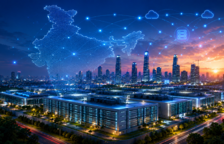 A futuristic illustration featuring a stylized data center complex with glowing blue server towers, a rising upward trend arrow overlaid with an Indian Rupee symbol, and a silhouette of the Taj Mahal against a digital map of India