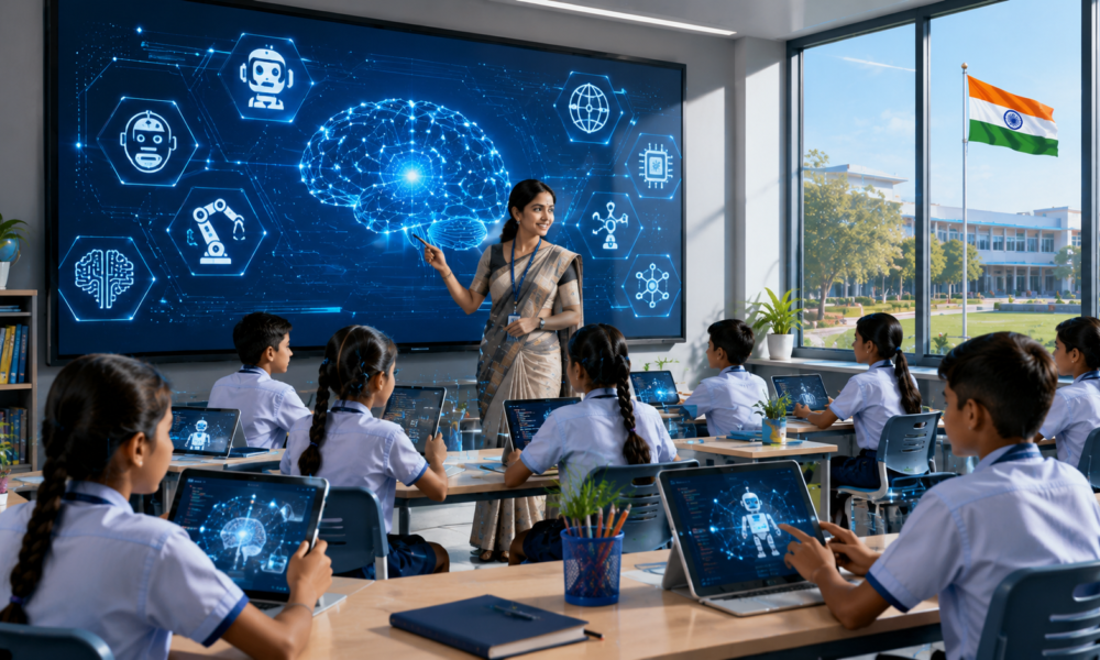 Indian school students learning artificial intelligence and computational thinking in a futuristic classroom with digital screens and tablets.