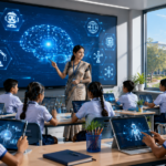 Indian school students learning artificial intelligence and computational thinking in a futuristic classroom with digital screens and tablets.