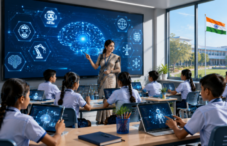 Indian school students learning artificial intelligence and computational thinking in a futuristic classroom with digital screens and tablets.