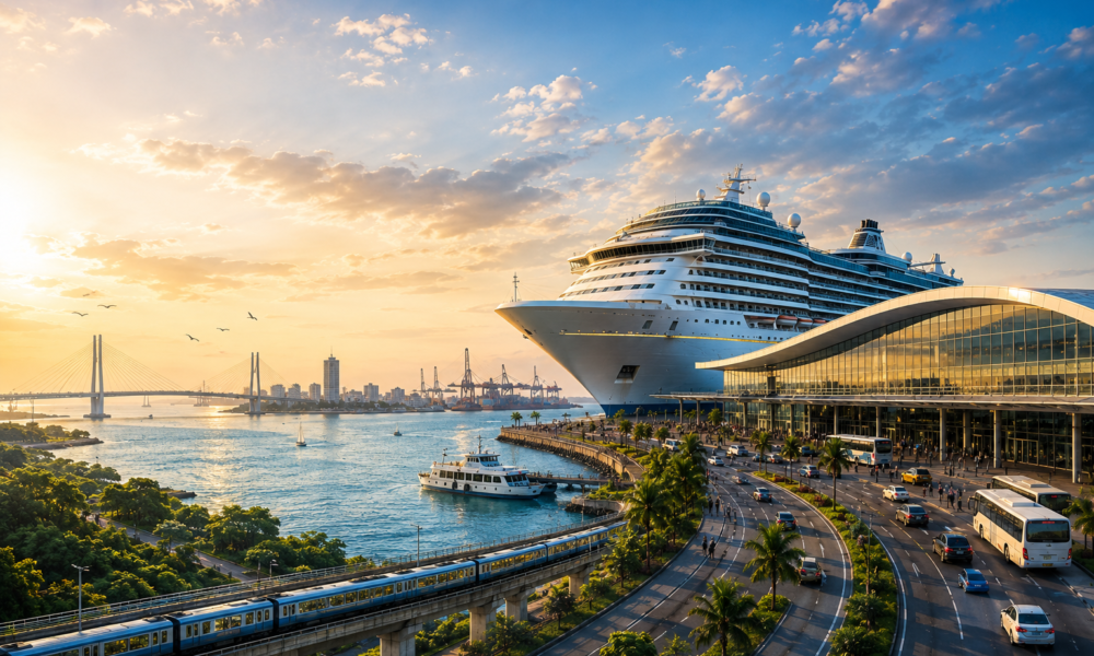 Modern cruise terminal and luxury cruise ship along India's coastline showcasing transport connectivity and tourism infrastructure development.