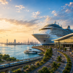 Modern cruise terminal and luxury cruise ship along India's coastline showcasing transport connectivity and tourism infrastructure development.