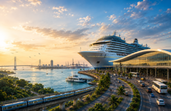 Modern cruise terminal and luxury cruise ship along India's coastline showcasing transport connectivity and tourism infrastructure development.