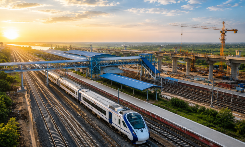 Aerial view of a modern railway station in Bihar at sunrise featuring a high-speed train, multiple railway tracks, station platforms and an elevated transport corridor under construction.