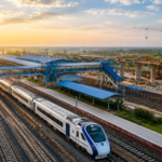 Aerial view of a modern railway station in Bihar at sunrise featuring a high-speed train, multiple railway tracks, station platforms and an elevated transport corridor under construction.