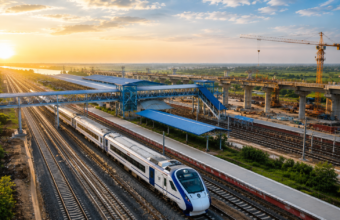 Aerial view of a modern railway station in Bihar at sunrise featuring a high-speed train, multiple railway tracks, station platforms and an elevated transport corridor under construction.