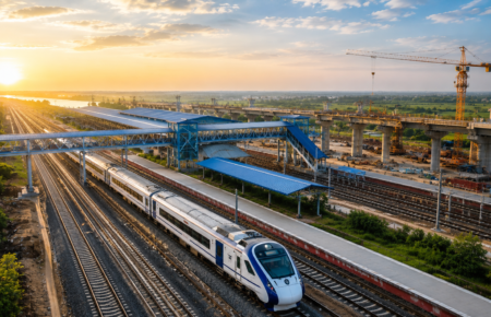 Aerial view of a modern railway station in Bihar at sunrise featuring a high-speed train, multiple railway tracks, station platforms and an elevated transport corridor under construction.