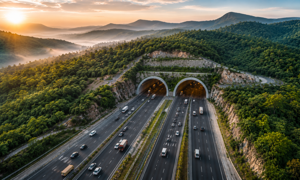 Promotional graphic by XInfra showing an elevated expressway and airport infrastructure at sunset, illustrating NHAI's proposed 31-km elevated corridor to improve connectivity between East Delhi and Noida International Airport in Jewar.
