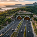 Promotional graphic by XInfra showing an elevated expressway and airport infrastructure at sunset, illustrating NHAI's proposed 31-km elevated corridor to improve connectivity between East Delhi and Noida International Airport in Jewar.