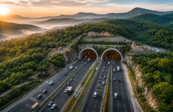Promotional graphic by XInfra showing an elevated expressway and airport infrastructure at sunset, illustrating NHAI's proposed 31-km elevated corridor to improve connectivity between East Delhi and Noida International Airport in Jewar.