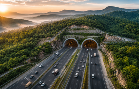 Promotional graphic by XInfra showing an elevated expressway and airport infrastructure at sunset, illustrating NHAI's proposed 31-km elevated corridor to improve connectivity between East Delhi and Noida International Airport in Jewar.