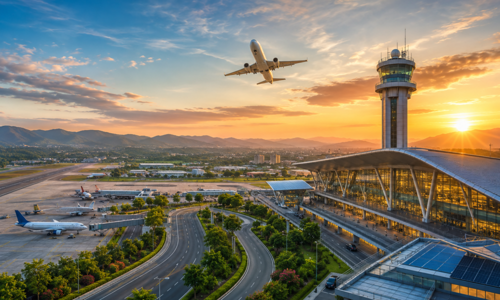 Aerial view of a modern regional airport in India at sunset, featuring a glass terminal building, air traffic control tower, passenger aircraft on the tarmac, landscaped access roads and an airplane taking off against a mountainous backdrop.