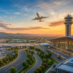 Aerial view of a modern regional airport in India at sunset, featuring a glass terminal building, air traffic control tower, passenger aircraft on the tarmac, landscaped access roads and an airplane taking off against a mountainous backdrop.