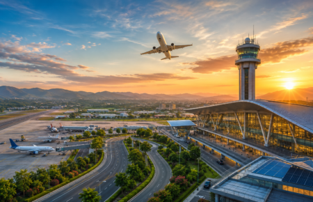 Aerial view of a modern regional airport in India at sunset, featuring a glass terminal building, air traffic control tower, passenger aircraft on the tarmac, landscaped access roads and an airplane taking off against a mountainous backdrop.
