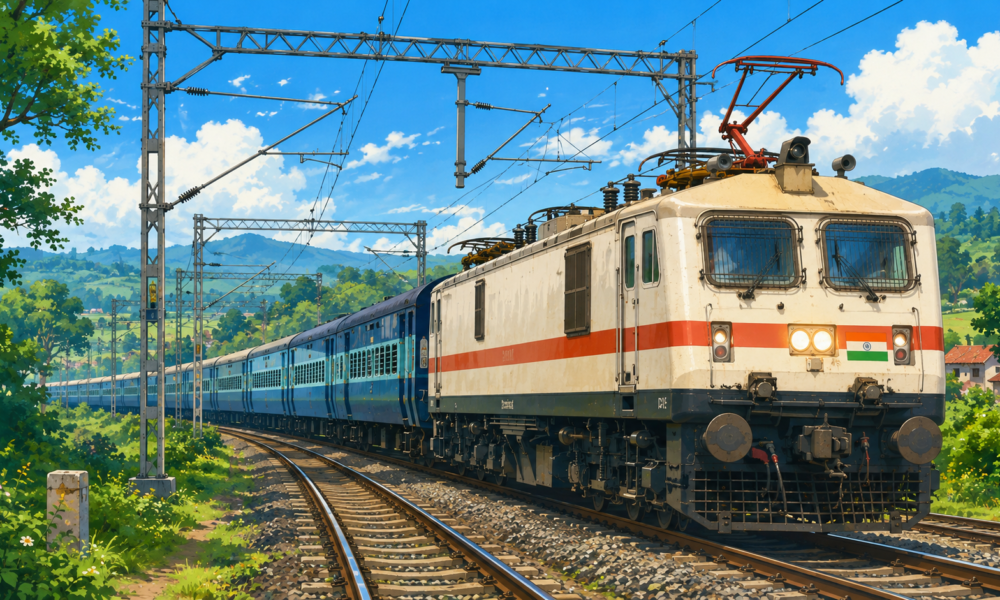 A Ghibli-inspired illustration of an Indian Railways electric passenger train travelling on electrified tracks through lush green countryside under a bright blue sky, symbolising India's near-complete railway electrification.