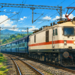 A Ghibli-inspired illustration of an Indian Railways electric passenger train travelling on electrified tracks through lush green countryside under a bright blue sky, symbolising India's near-complete railway electrification.