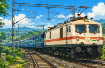A Ghibli-inspired illustration of an Indian Railways electric passenger train travelling on electrified tracks through lush green countryside under a bright blue sky, symbolising India's near-complete railway electrification.
