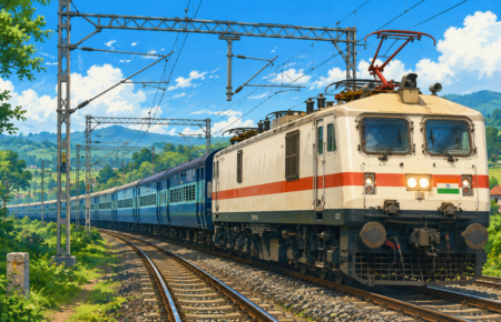 A Ghibli-inspired illustration of an Indian Railways electric passenger train travelling on electrified tracks through lush green countryside under a bright blue sky, symbolising India's near-complete railway electrification.