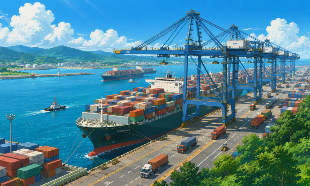 A modern deep-water port featuring container ships, giant cargo cranes, stacked containers and trucks, representing the Vadhvan Port project and India's growing maritime infrastructure.