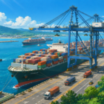 A modern deep-water port featuring container ships, giant cargo cranes, stacked containers and trucks, representing the Vadhvan Port project and India's growing maritime infrastructure.