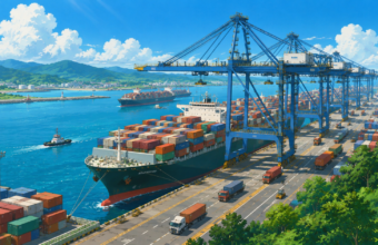 A modern deep-water port featuring container ships, giant cargo cranes, stacked containers and trucks, representing the Vadhvan Port project and India's growing maritime infrastructure.