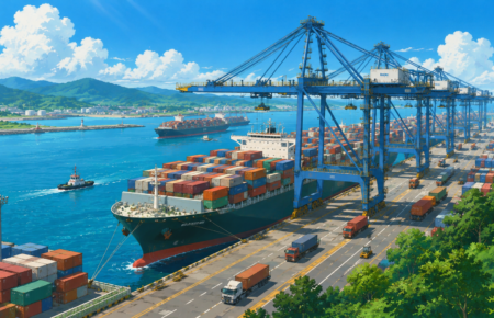 A modern deep-water port featuring container ships, giant cargo cranes, stacked containers and trucks, representing the Vadhvan Port project and India's growing maritime infrastructure.