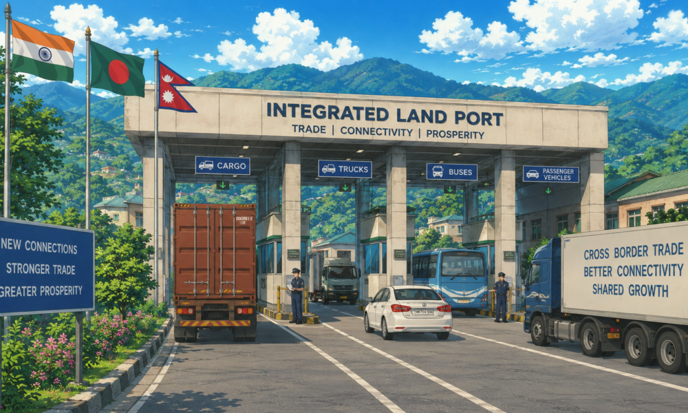 A modern integrated land port featuring cargo trucks, buses and passenger vehicles passing through a border checkpoint surrounded by green hills, representing India's plan to develop new land ports and improve cross-border trade and connectivity