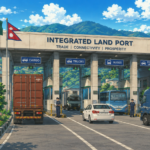 A modern integrated land port featuring cargo trucks, buses and passenger vehicles passing through a border checkpoint surrounded by green hills, representing India's plan to develop new land ports and improve cross-border trade and connectivity