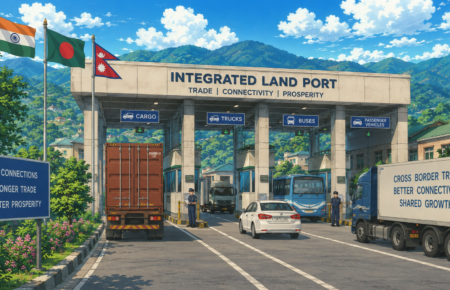 A modern integrated land port featuring cargo trucks, buses and passenger vehicles passing through a border checkpoint surrounded by green hills, representing India's plan to develop new land ports and improve cross-border trade and connectivity