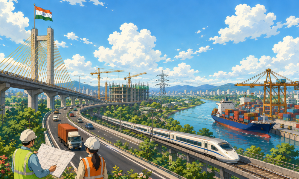 Ghibli-style illustration of India's modern infrastructure featuring a cable-stayed bridge, expressway, high-speed train, cargo port, construction site and engineers reviewing plans under a bright blue sky.