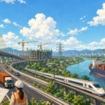 Ghibli-style illustration of India's modern infrastructure featuring a cable-stayed bridge, expressway, high-speed train, cargo port, construction site and engineers reviewing plans under a bright blue sky.