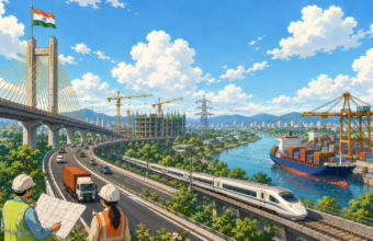 Ghibli-style illustration of India's modern infrastructure featuring a cable-stayed bridge, expressway, high-speed train, cargo port, construction site and engineers reviewing plans under a bright blue sky.