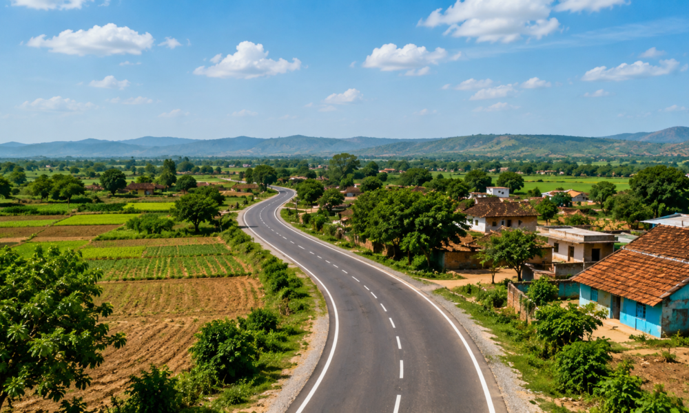 A newly paved road winds through an Indian village surrounded by farms and houses, representing improved rural connectivity and access to markets and services.