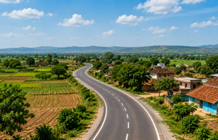 A newly paved road winds through an Indian village surrounded by farms and houses, representing improved rural connectivity and access to markets and services.