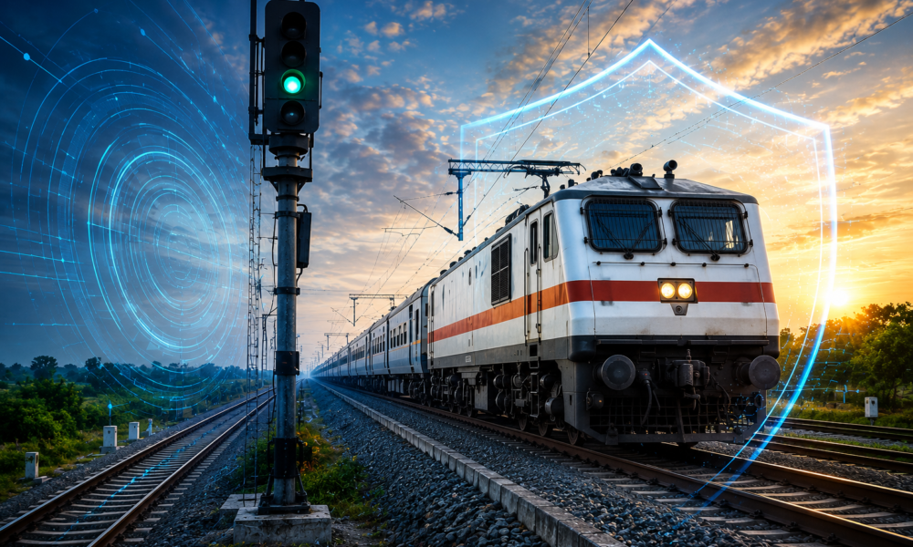 Electric Indian Railways passenger train on East Coast Railway tracks with digital safety shield graphics representing Kavach automatic train protection system at sunset.