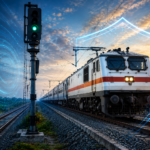 Indian Railways approves ₹270 crore Kavach rollout on 631 route km of East Coast Railway Electric Indian Railways passenger train on East Coast Railway tracks with digital safety shield graphics representing Kavach automatic train protection system at sunset.