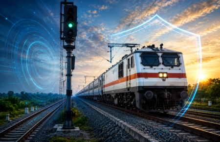 Electric Indian Railways passenger train on East Coast Railway tracks with digital safety shield graphics representing Kavach automatic train protection system at sunset.