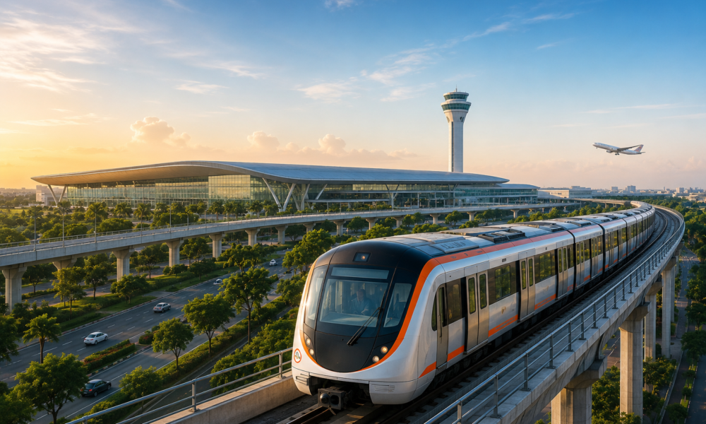 Elevated metro train running past a modern airport terminal and control tower in Ahmedabad, depicting the approved airport corridor expansion project.