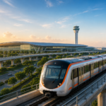 Elevated metro train running past a modern airport terminal and control tower in Ahmedabad, depicting the approved airport corridor expansion project.