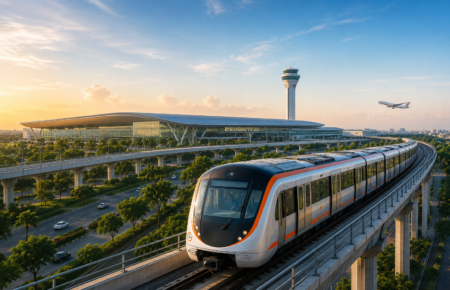 Elevated metro train running past a modern airport terminal and control tower in Ahmedabad, depicting the approved airport corridor expansion project.