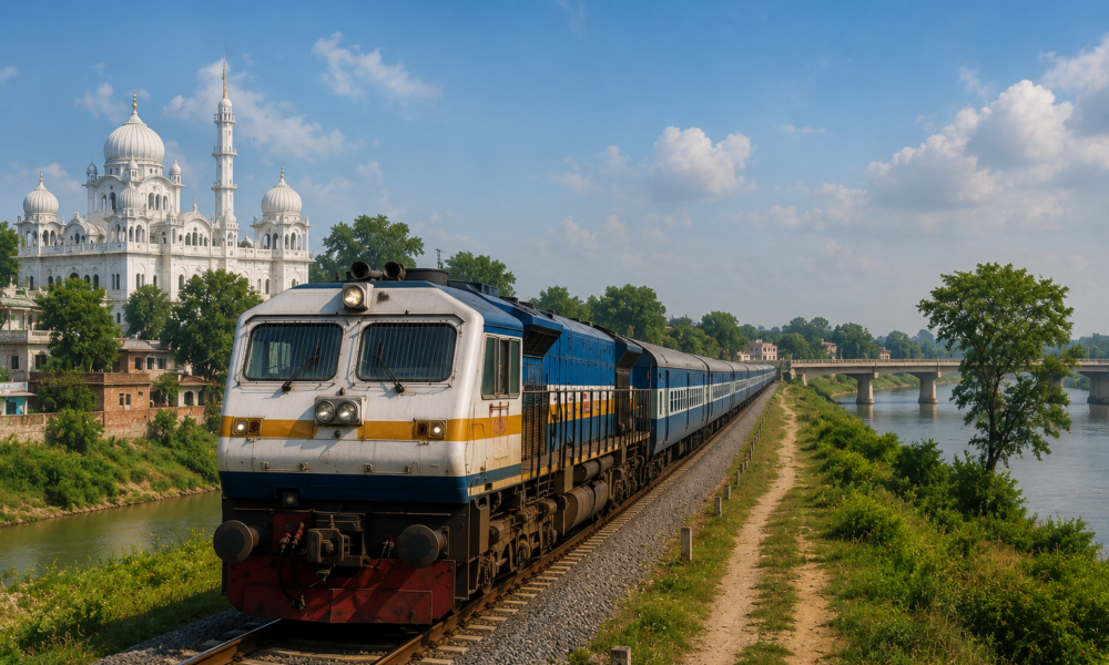 Passenger train travelling along a railway line beside a river in Punjab, representing the revived Qadian-Beas rail connectivity project.