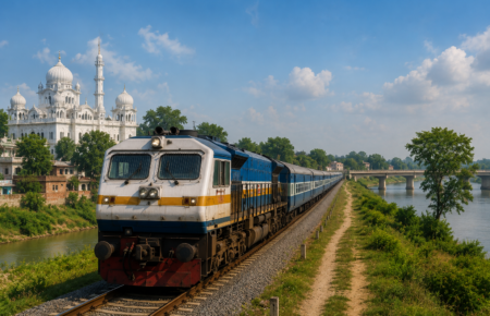 Passenger train travelling along a railway line beside a river in Punjab, representing the revived Qadian-Beas rail connectivity project.