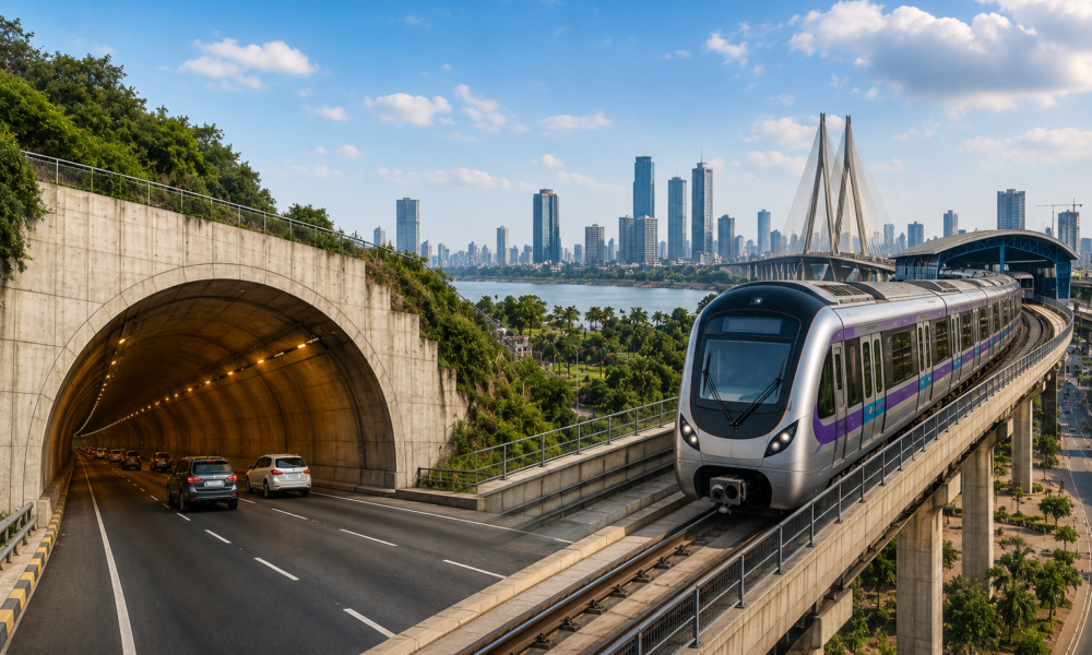 Metro train on an elevated viaduct beside a road tunnel and Mumbai skyline, representing Maharashtra’s ₹22,611 crore infrastructure package.