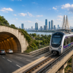 Maharashtra clears ₹22,611 crore infrastructure package with MMR tunnel and Navi Mumbai Metro expansion Metro train on an elevated viaduct beside a road tunnel and Mumbai skyline, representing Maharashtra’s ₹22,611 crore infrastructure package.
