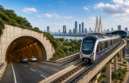 Metro train on an elevated viaduct beside a road tunnel and Mumbai skyline, representing Maharashtra’s ₹22,611 crore infrastructure package.