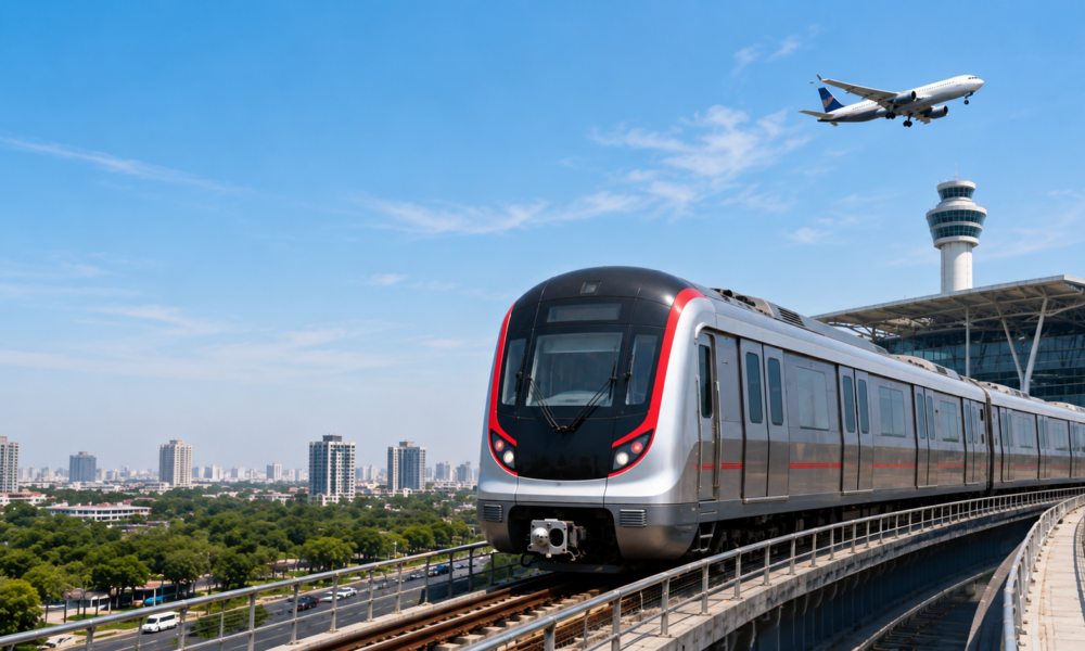 Ahmedabad Metro train on an elevated track near the airport, showing improved urban and airport connectivity in Gujarat
